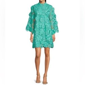 J.Marie Seraphina Dress Teal Short Floral 3D Lace 3/4 Sleeve Shift Kaftan NWT